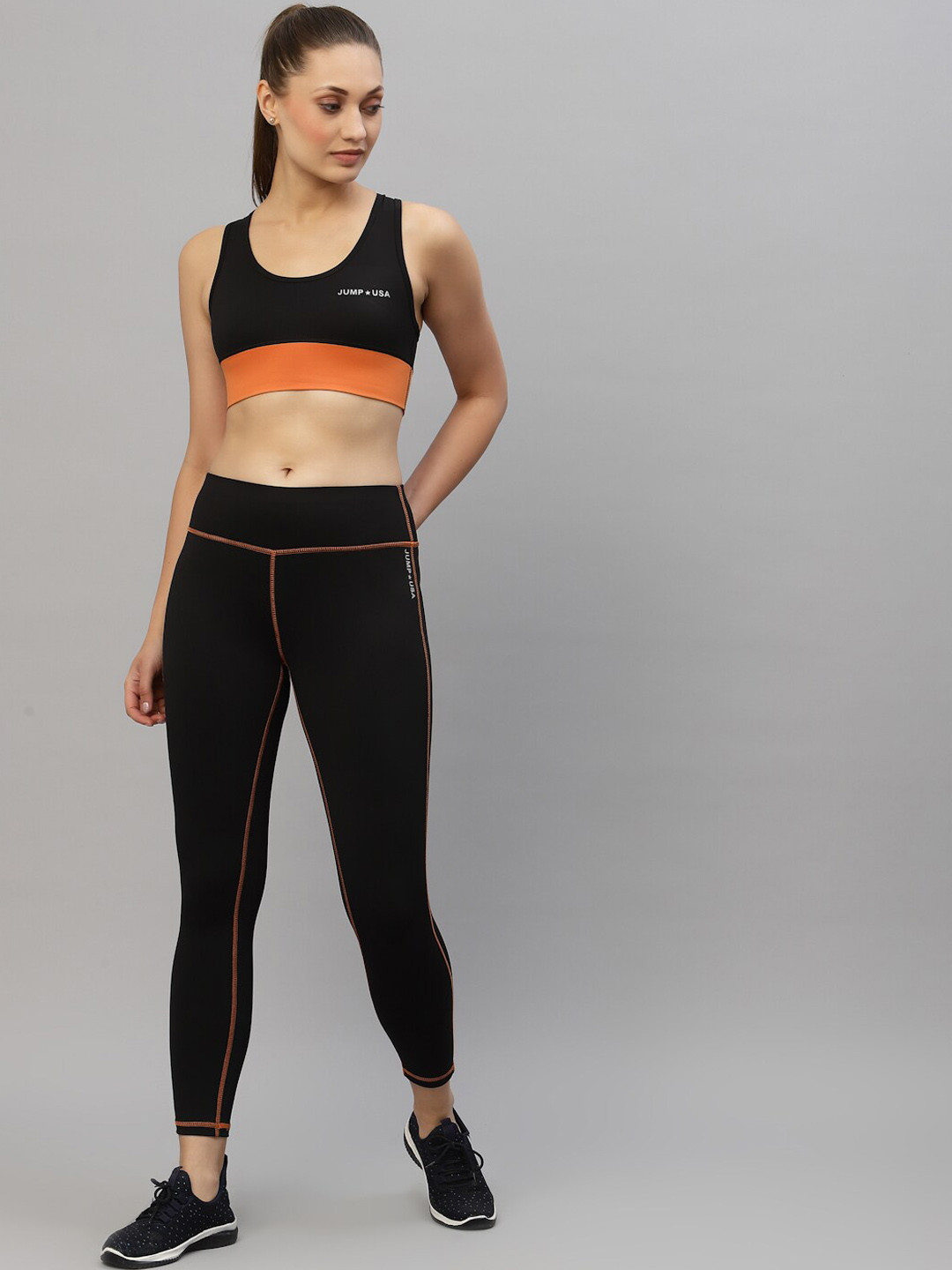 JUMP USA Black & Orange Crop Top & Tights Co-Ords Set with Rapid Dry technology
