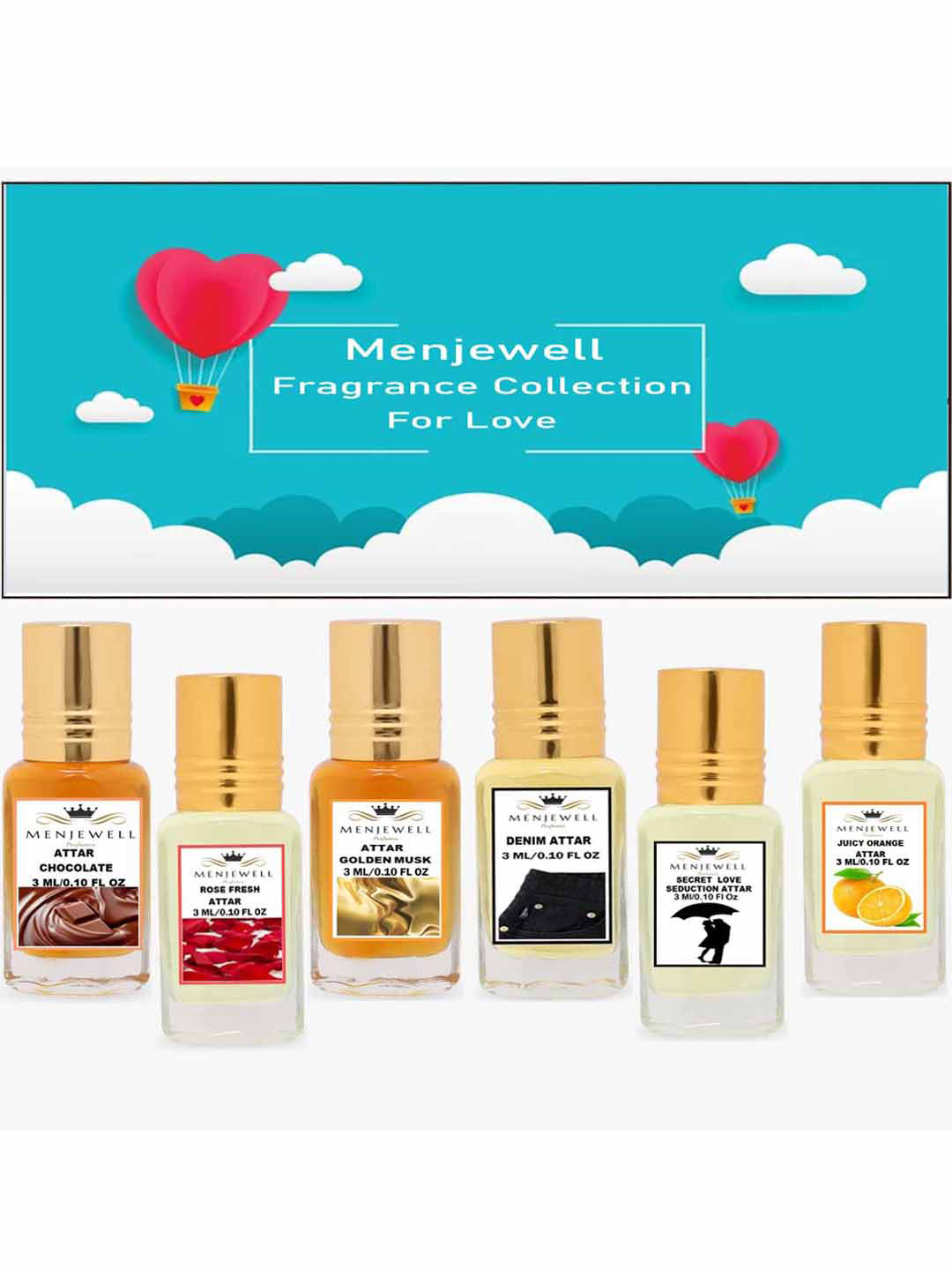 Menjewell Set of 6 Fine Fragrance Attar - 3 ml Each