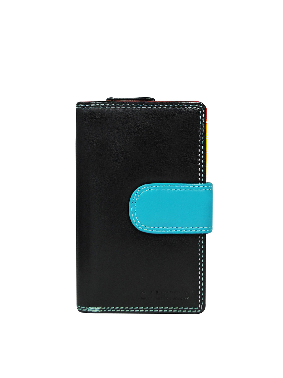 CALFNERO Women Black & Turquoise Blue Leather Card Holder