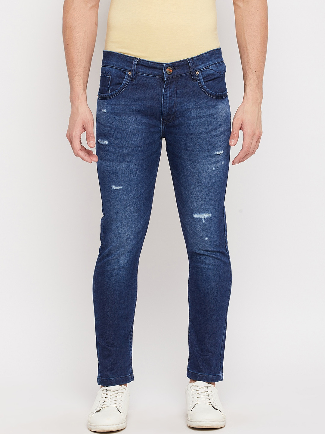 Duke Men Blue Slim Fit Mildly Distressed Heavy Fade Stretchable Cotton Crop Jeans