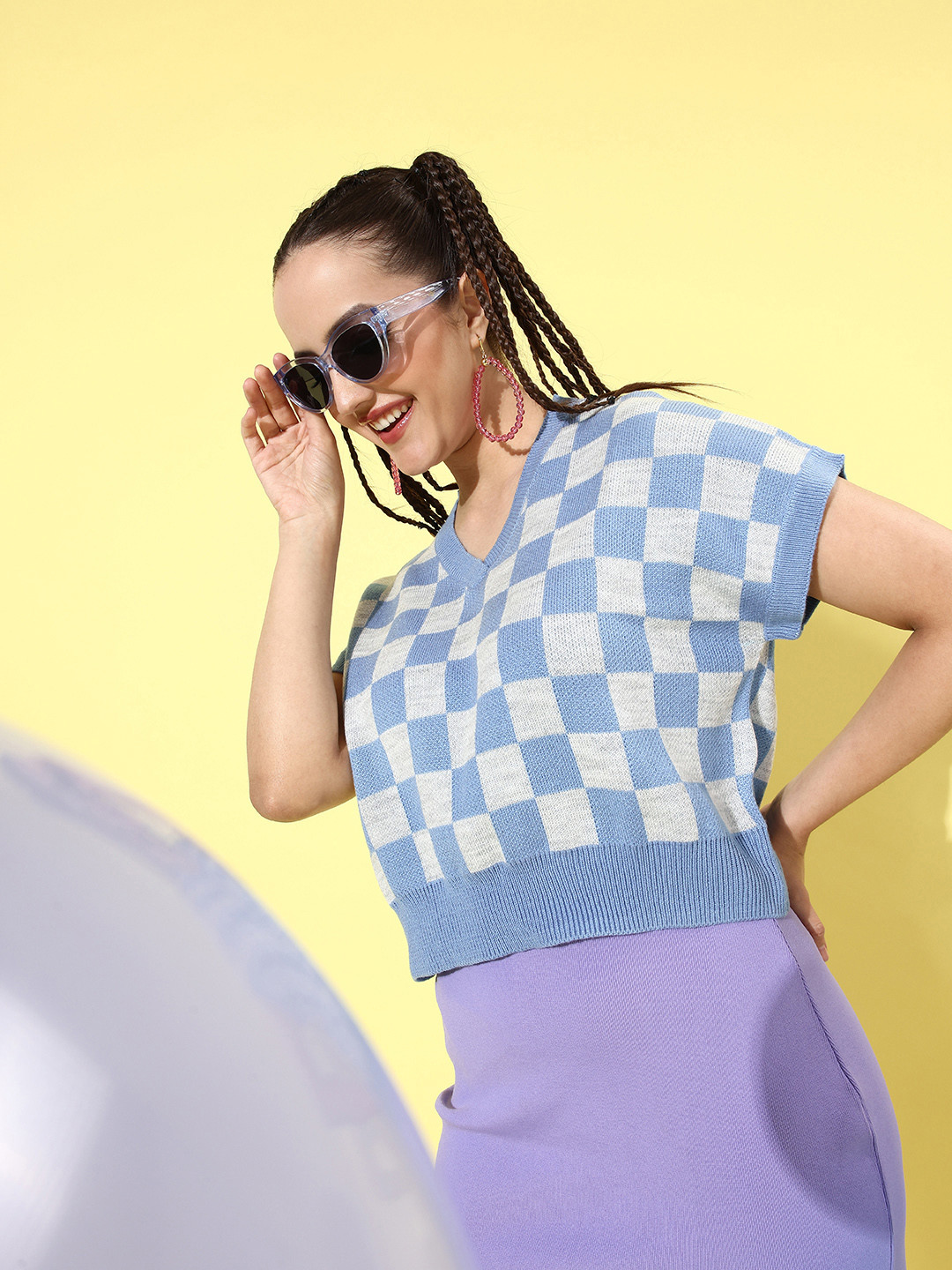 Roadster Women Blue & Grey Checked Sweater Vest