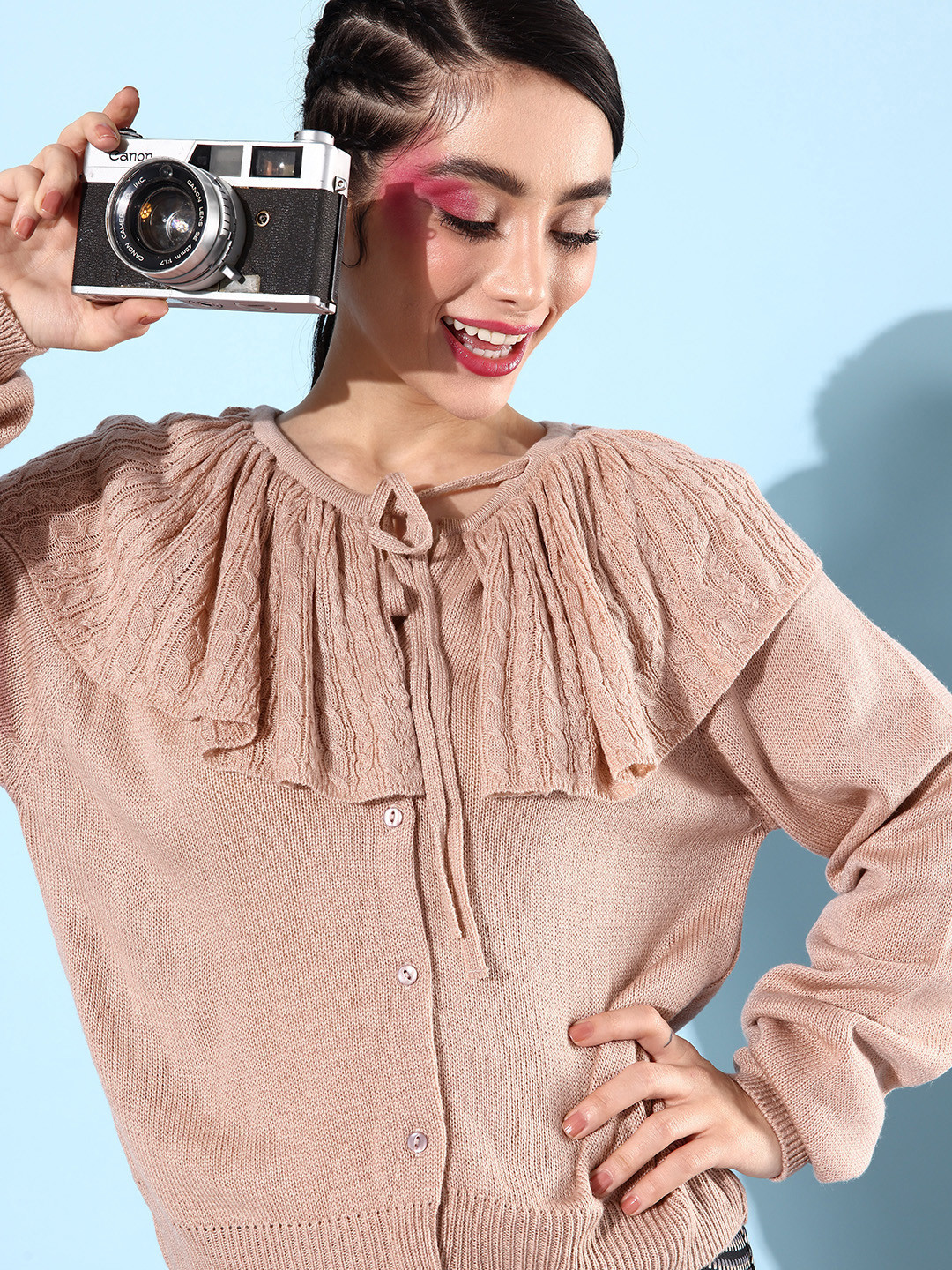 The Roadster Lifestyle Co. Women Cable Knit Cardigan Sweater With Exaggerated Collar