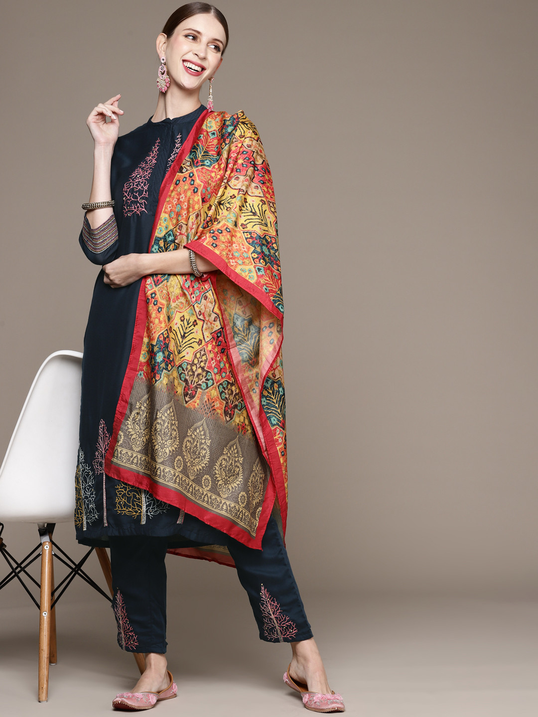 Ishin Women Teal Blue Embroidered Pure Silk Kurta with Trousers & With Dupatta