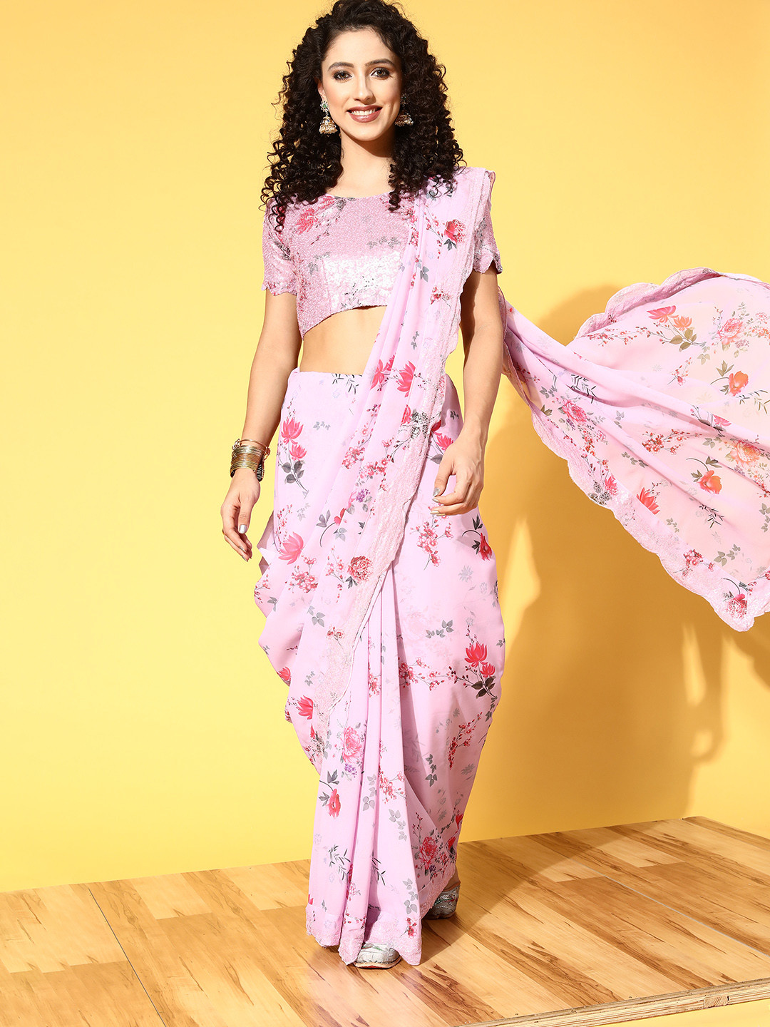 HERE&NOW Floral Pure Georgette Saree with Zari Border