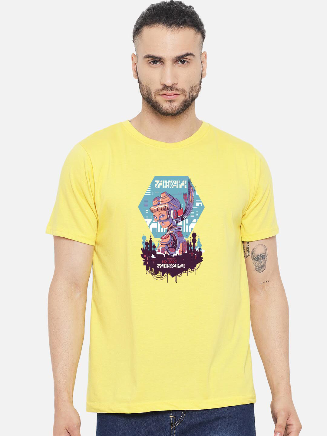 FFLIRTYGO Men Yellow Futuristic Robotic Female Printed T-shirt