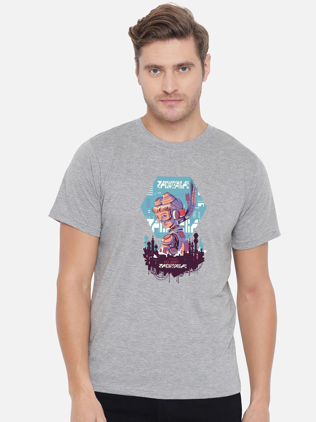 FFLIRTYGO Men Grey Futuristic Robotic Female Printed T-shirt