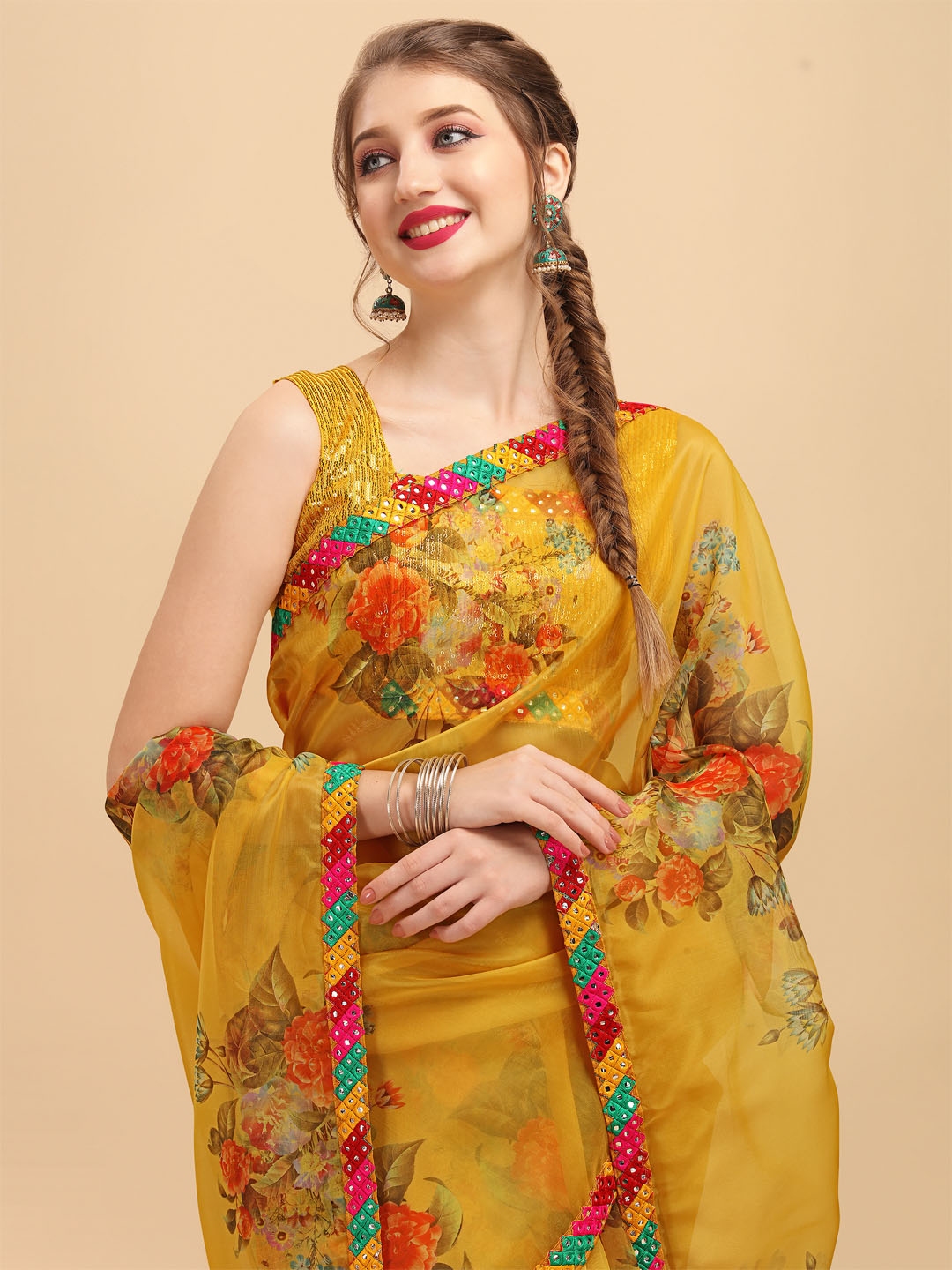 Buy Sangria Mustard Orange Floral Mirror Work Organza Saree