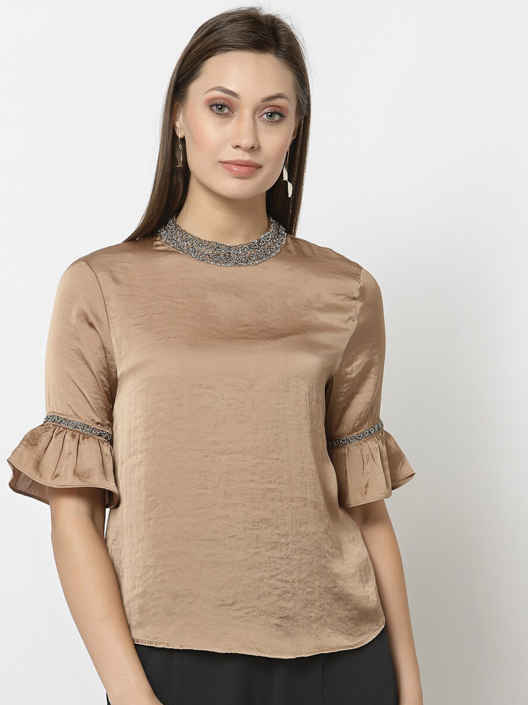 Gipsy Beige & Gold-Toned Embroidered Satin Top