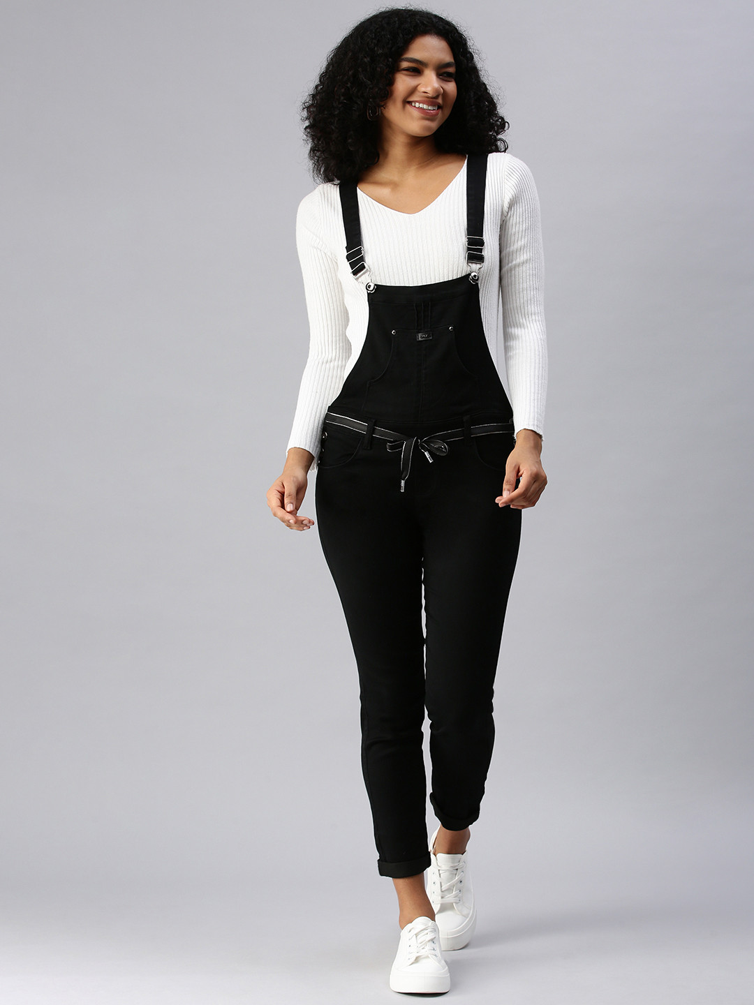 SHOWOFF Women Black Solid Denim Dungarees