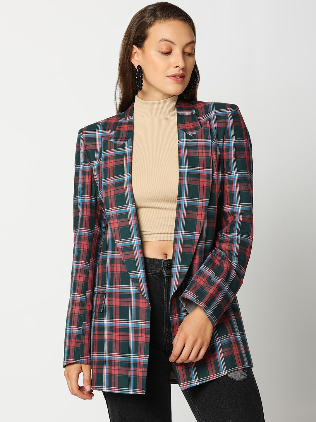 Remanika Women Green Checked Cotton Open Front Jacket
