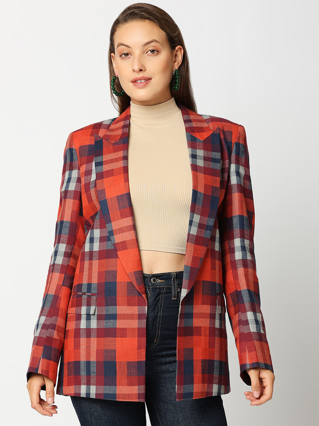 Remanika Women Red Checked Cotton Open Front Jacket