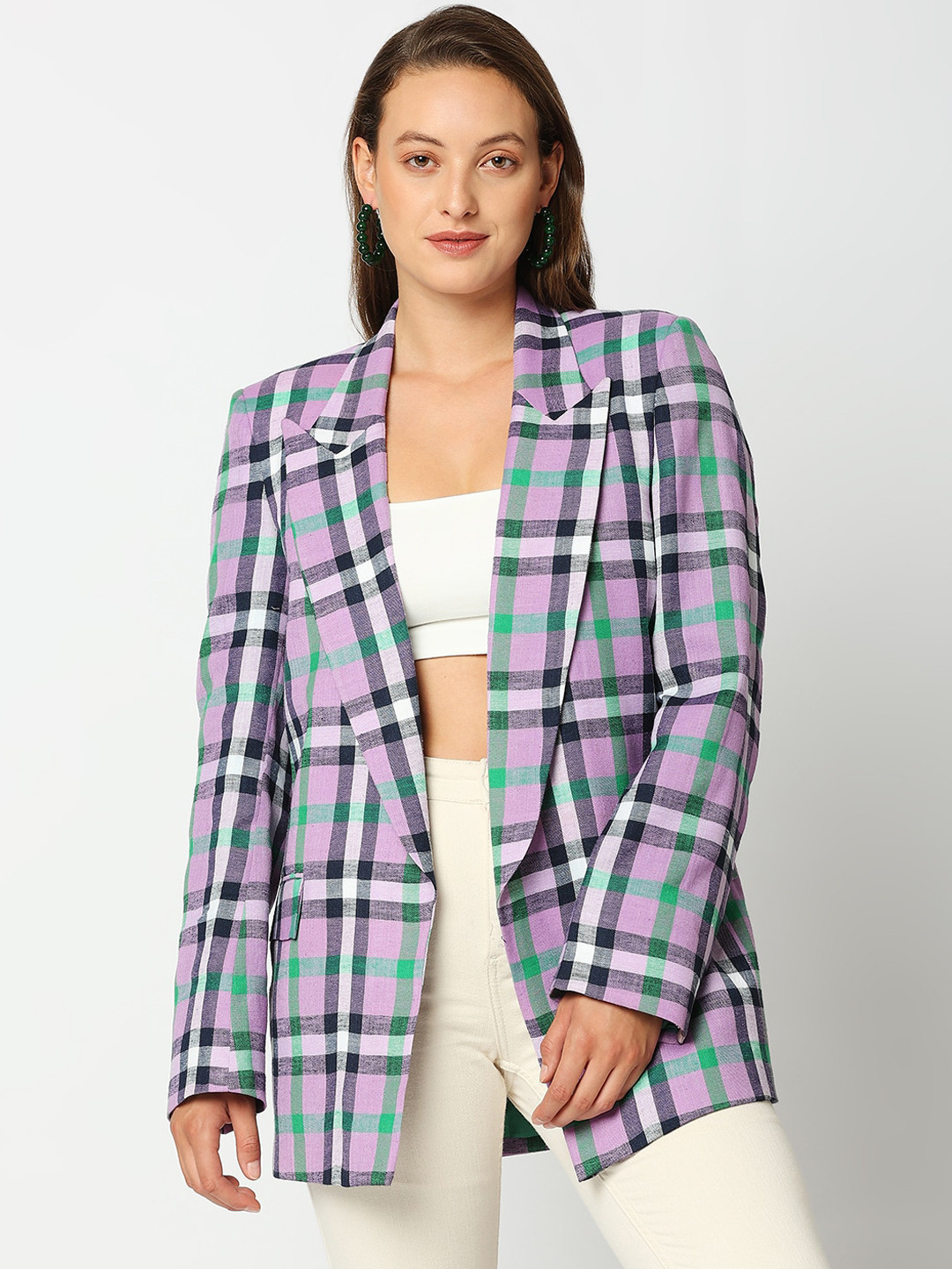 Remanika Women Purple Checked Cotton Open Front Jacket