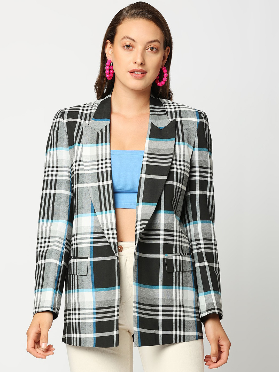 Remanika Women Black Checked Open Front Jacket