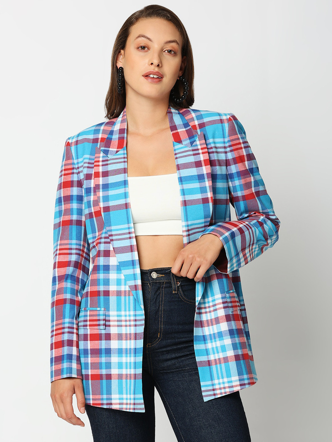 Remanika Women Blue Checked Open Front Jacket