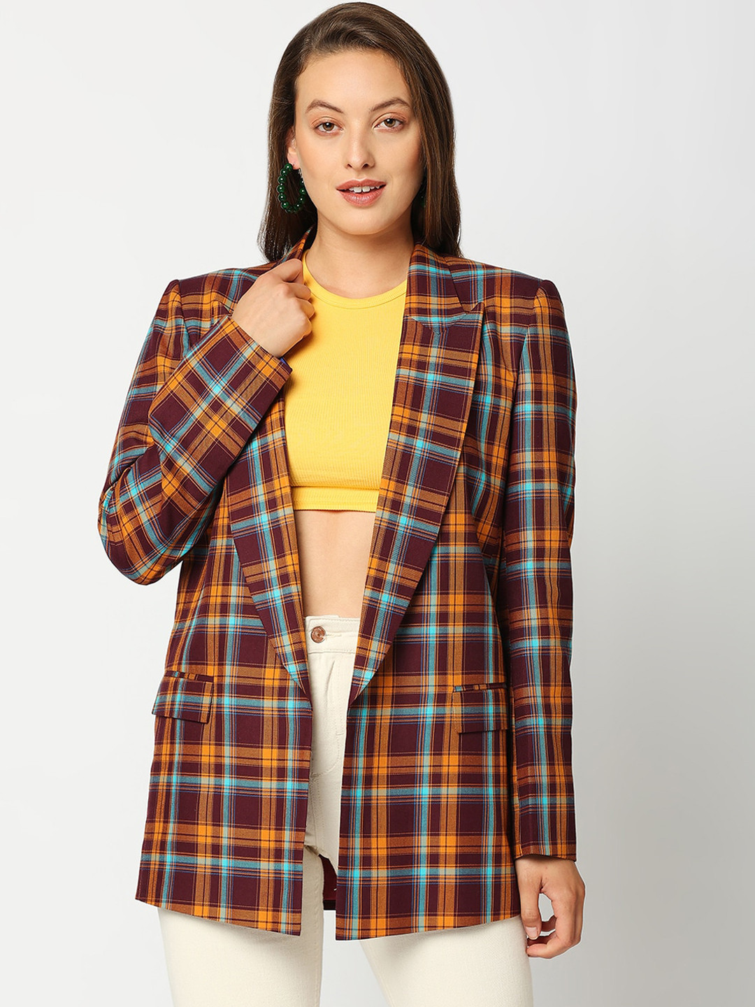 Remanika Women Maroon Checked Cotton Open Front Jacket