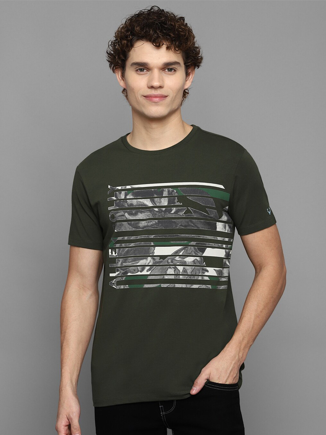 Allen Solly Sport Men Olive Green Printed Pure Cotton T-shirt