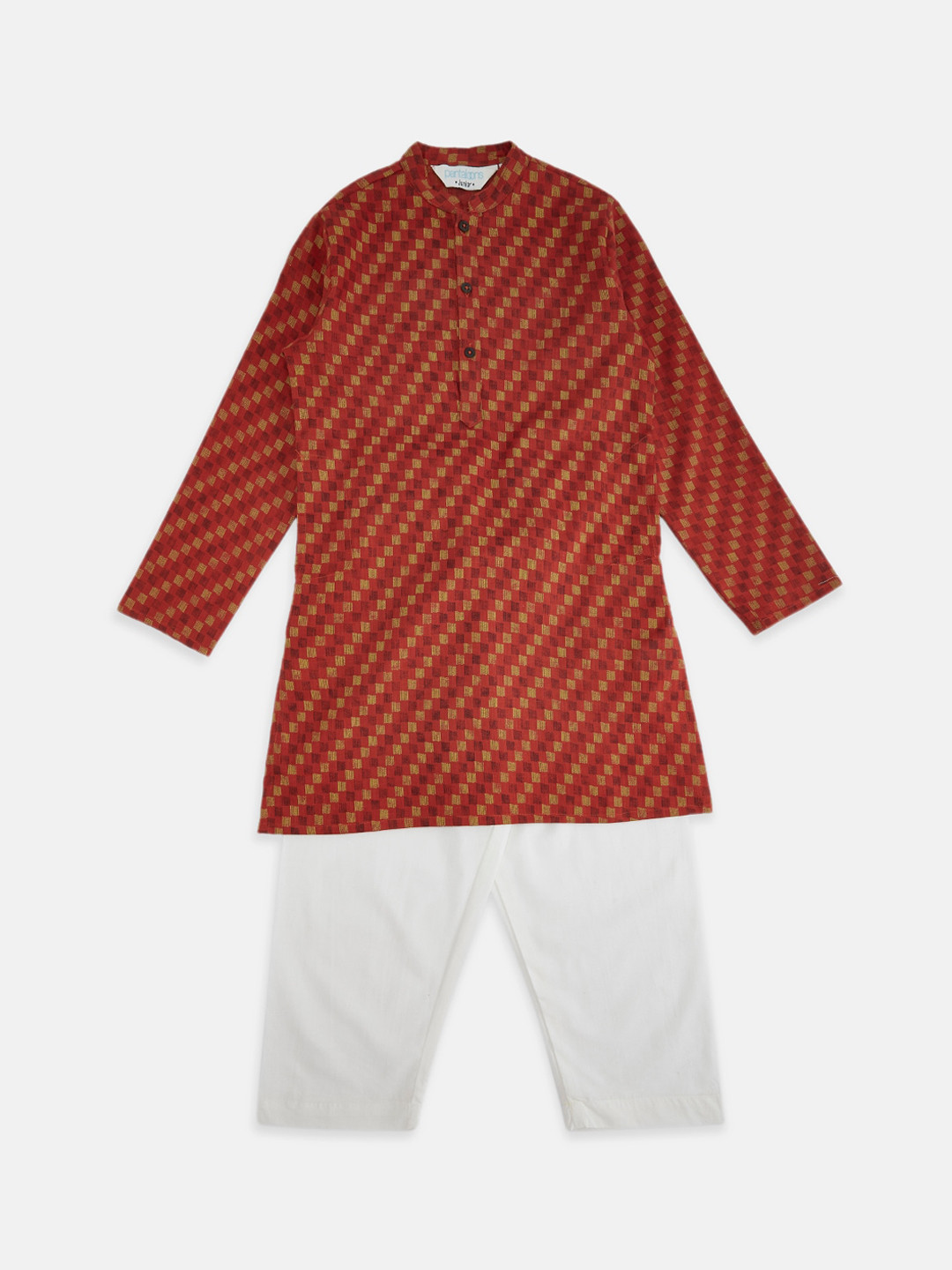 indus route by Pantaloons Boys Rust & Yellow Printed Pure Cotton Kurta with Pyjamas