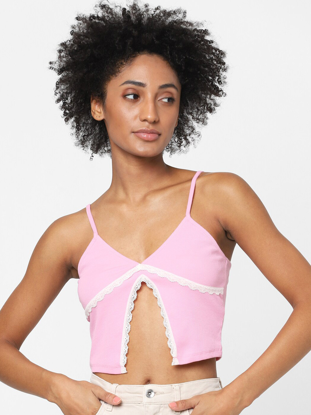 ONLY Pink & Off White Lace Inserts Knitted Crop Top
