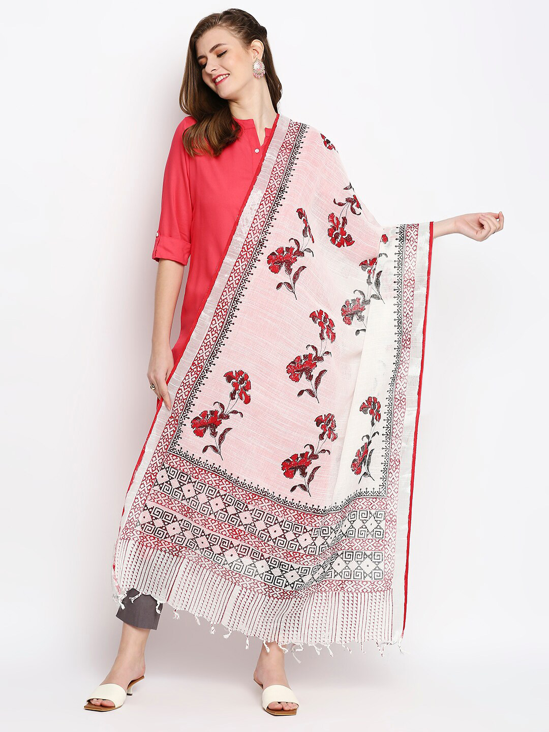 Dupatta Bazaar White & Red Hand Painted Dupatta