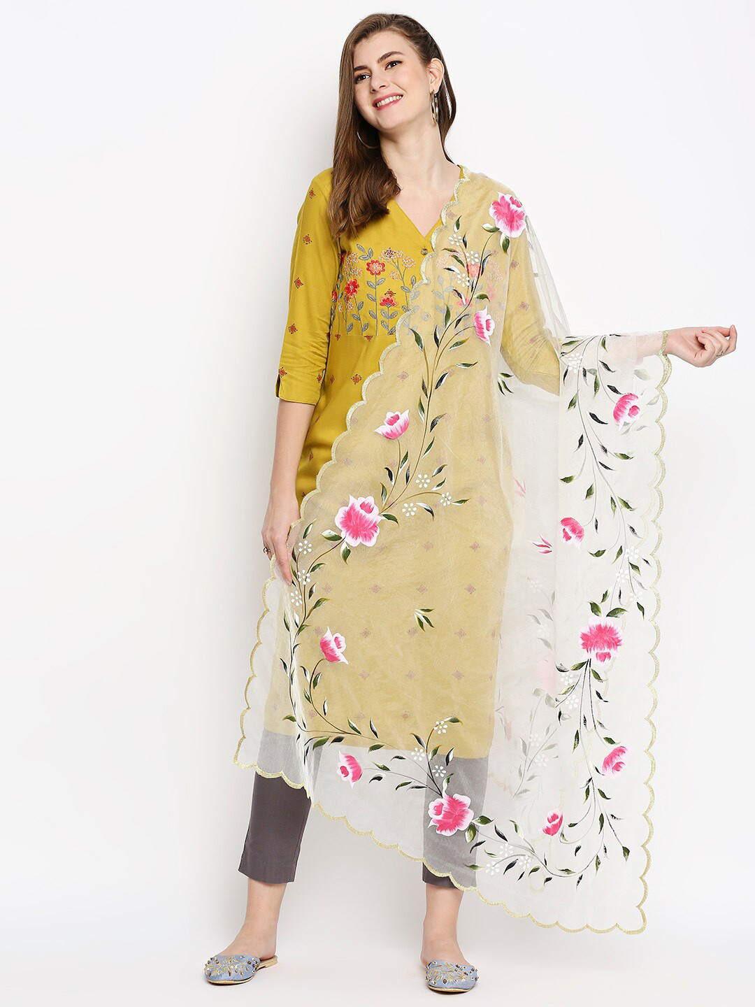 Dupatta Bazaar White & Pink Floral Hand Painted Organza Dupatta