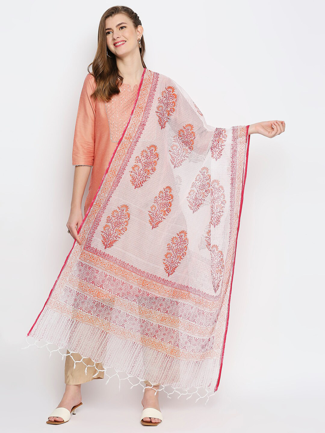 Dupatta Bazaar White & Red Printed Pure Cotton Block Print Dupatta
