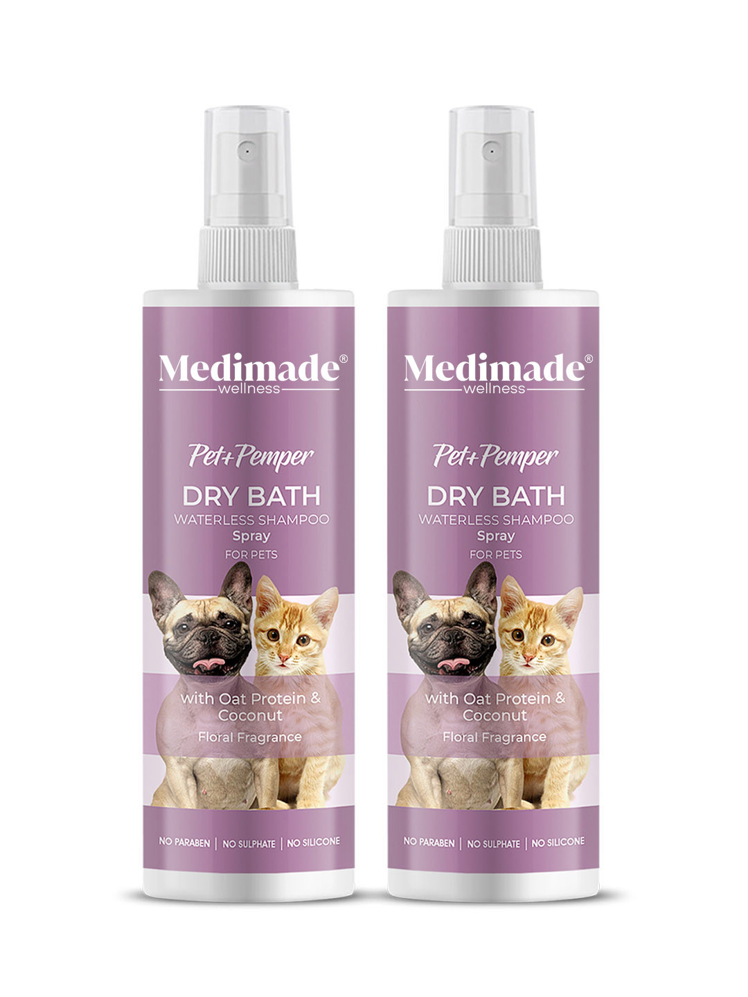 Medimade Set of 2 Dry Bath Pet Shampoo Sprays with Oat Protein & Coconut - 200ml each