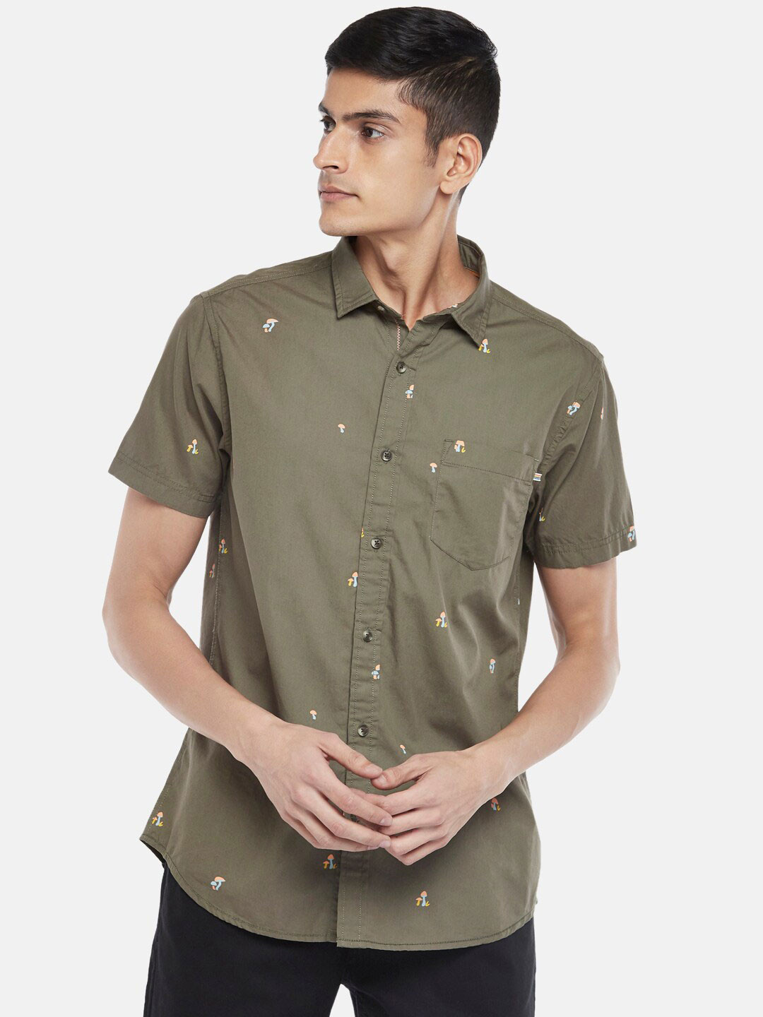 Urban Ranger by pantaloons Men Olive Green Slim Fit Printed Cotton Casual Shirt