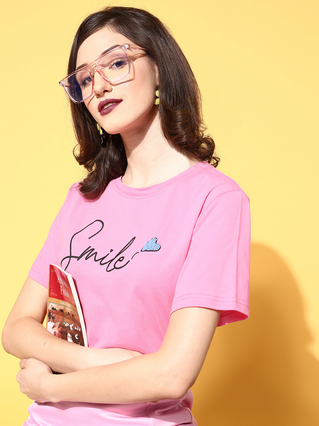 Antheaa Women Pretty Pink Typography Joyful Conversation Tshirt