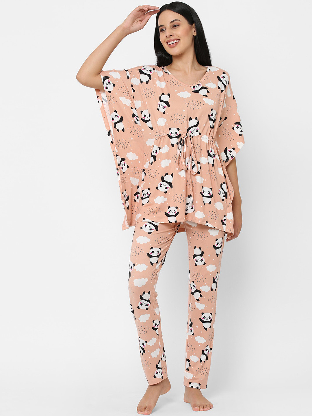 Sweet Dreams Women Peach-Coloured & Black Printed Kaftan Night suit