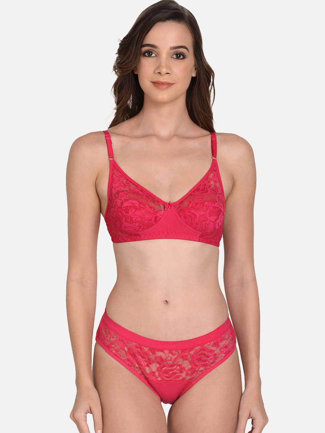 mod & shy Women Pink Self Design Lace Lingerie Set-MS438