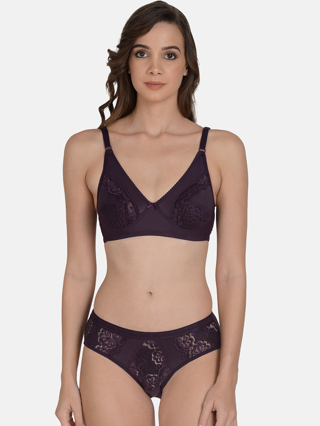 mod & shy Women Purple Self Design Lace Lingerie Set MS440-Purple