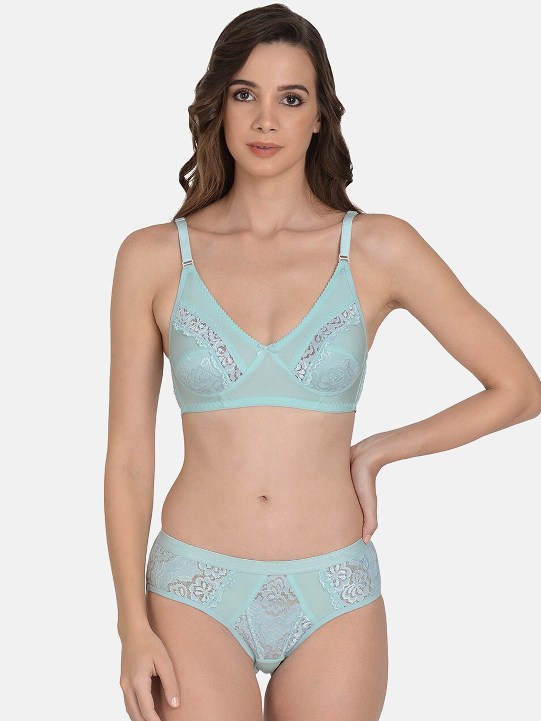 mod & shy Women Blue Self Design Lace Lingerie Set-MS441