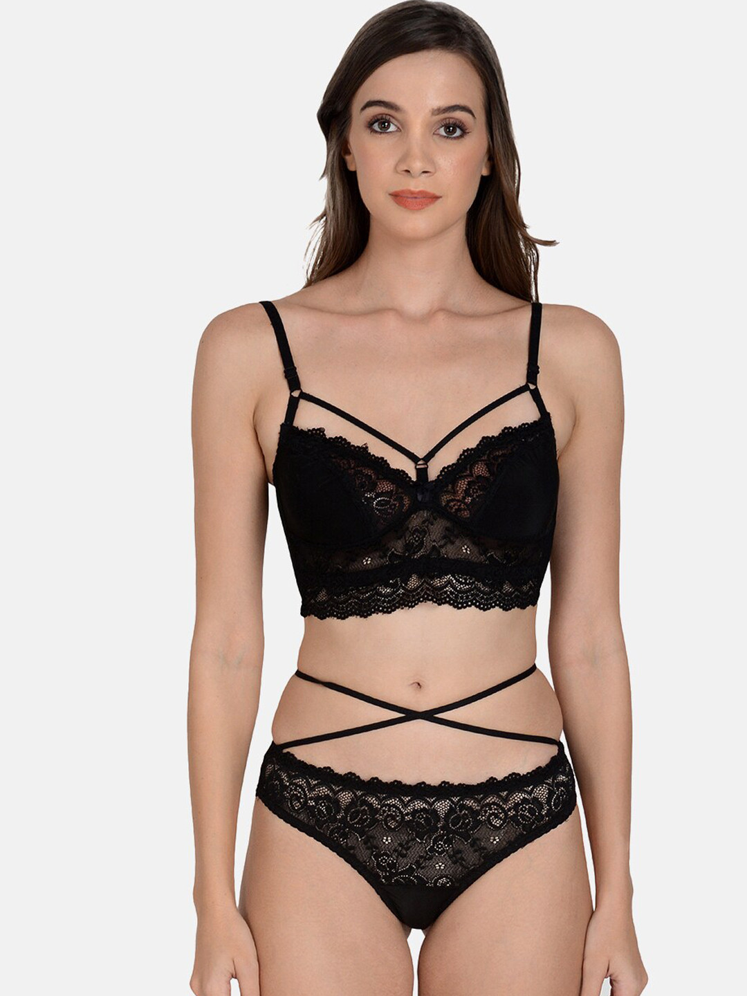 mod & shy Women Black Self-Design Lingerie Set MS447