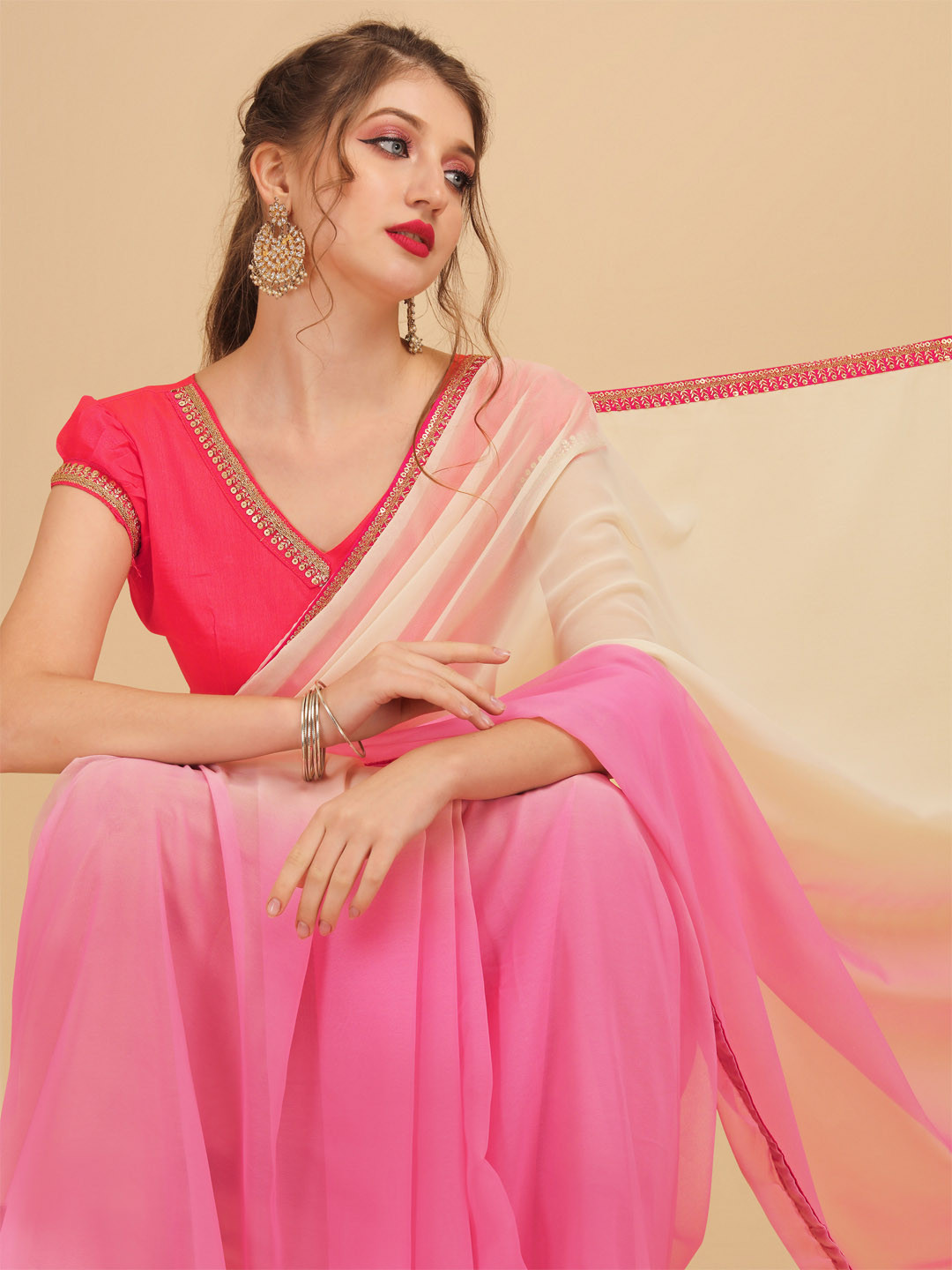 Sangria Pink Ombre Sequinned Pure Georgette Saree