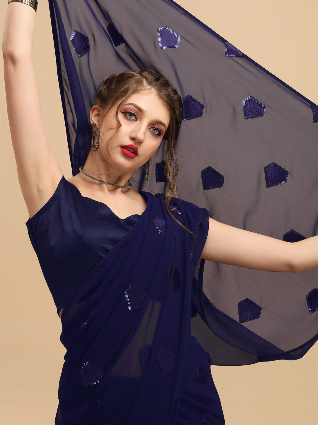 Sangria Navy Blue Sequinned Pure Georgette Saree