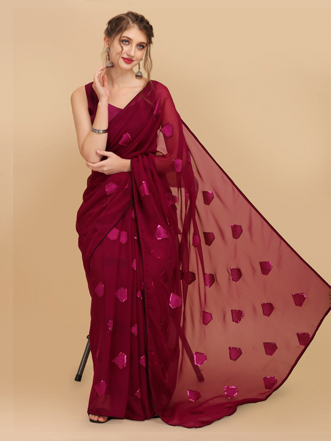 Sangria Burgundy Embroidered Pure Georgette Saree