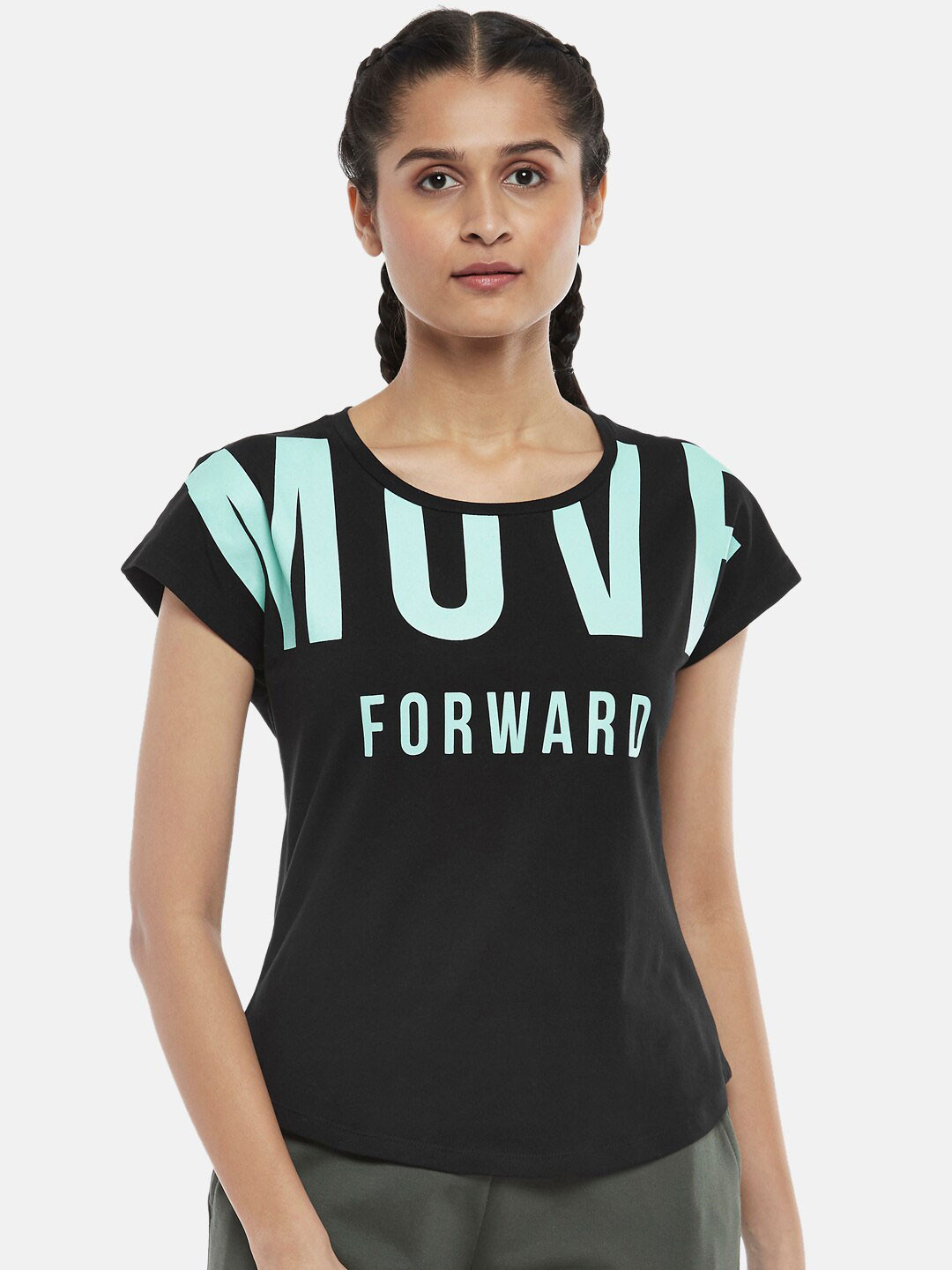 Ajile by Pantaloons Women Black & Turquoise Blue Print Pure Cotton T-Shirt