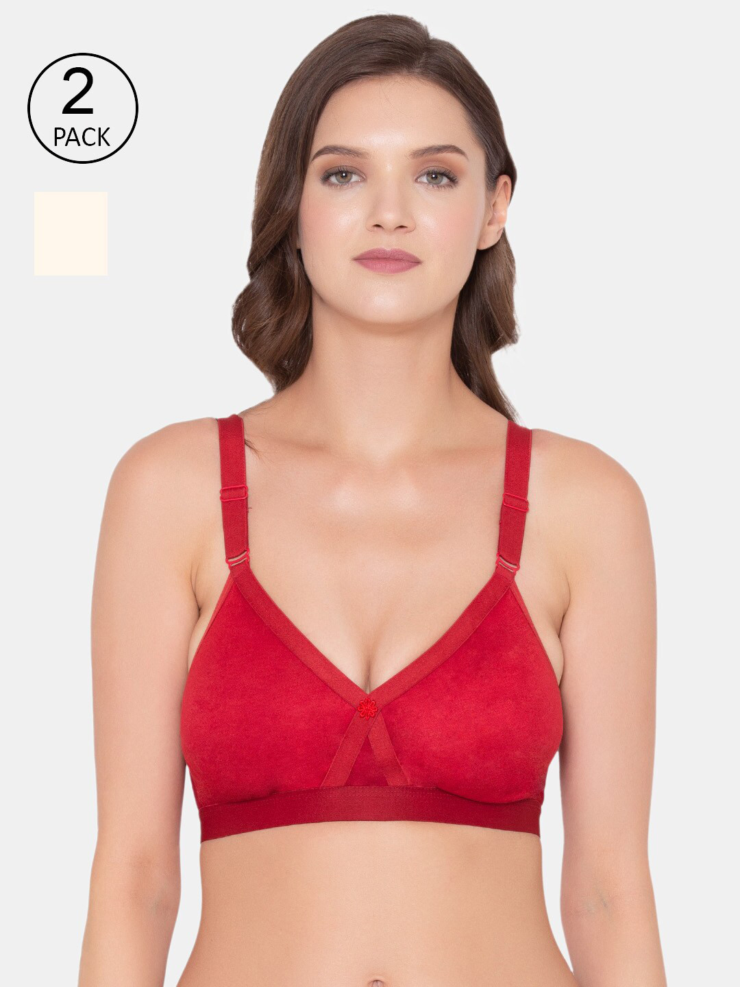 Souminie Pack of 2 Red & Beige Cotton Seamless Bra