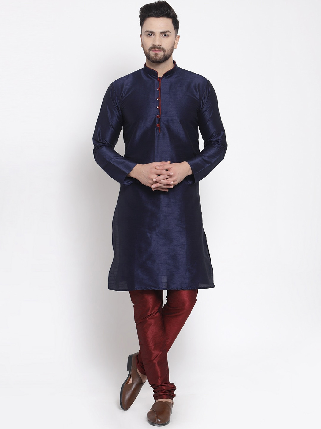 Kaifoo Men Navy Blue & Maroon Solid Kurta with Pyjamas