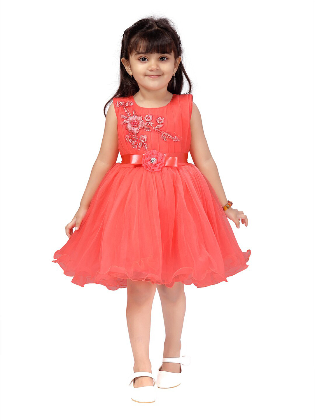 Aarika Girls Orange Embellished Net Dress