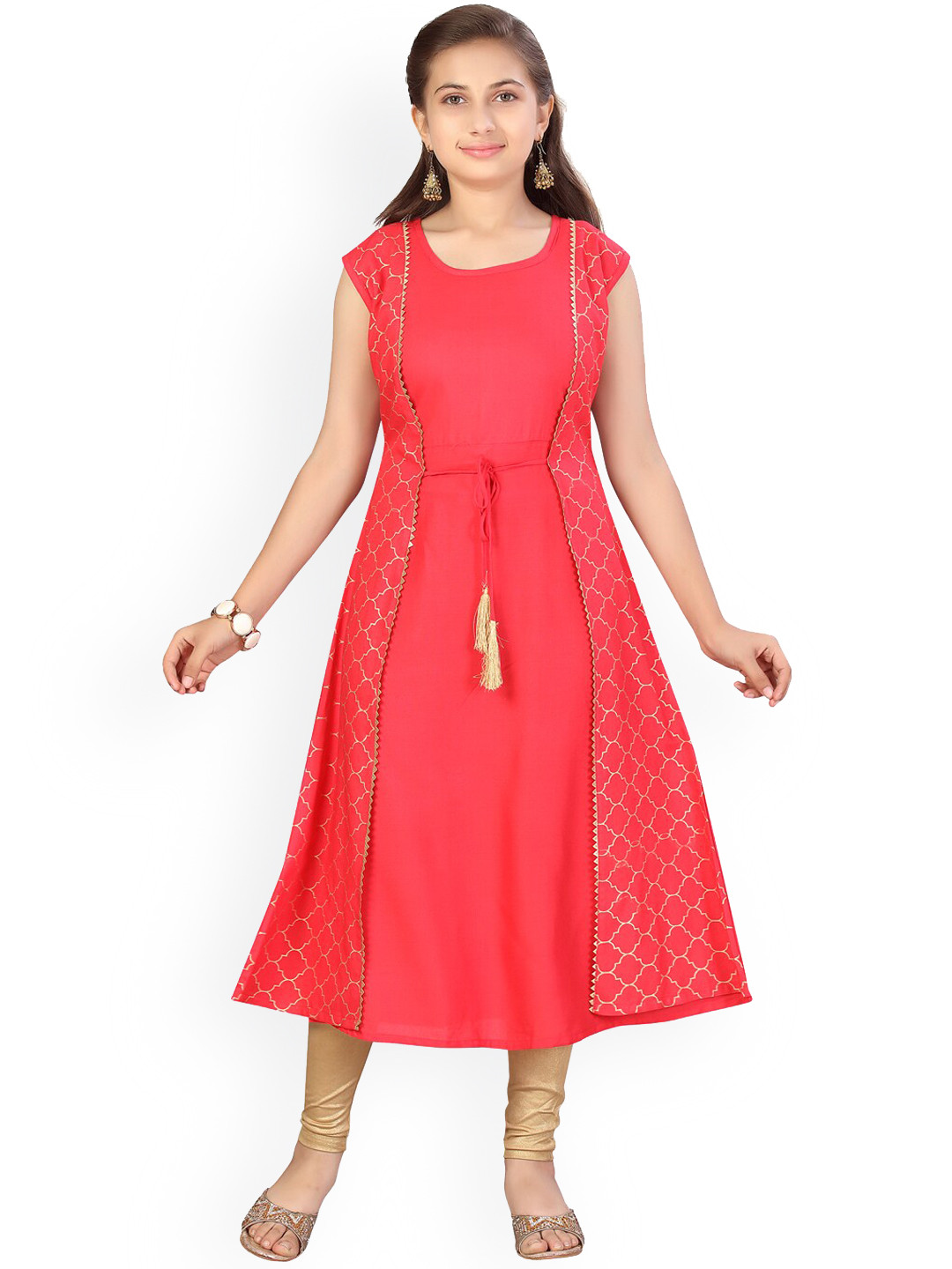 Aarika Teen-Girls Red Printed Pattern Patchwork Anarkali Kurta