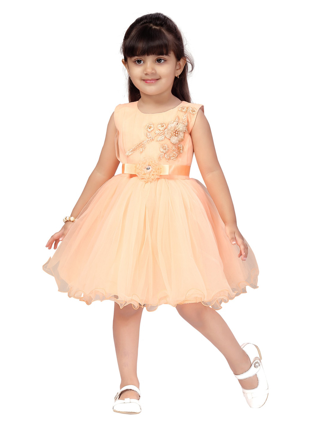 Aarika Girls Peach-Colour Embroidered Floral Net Fit & Flare Dress