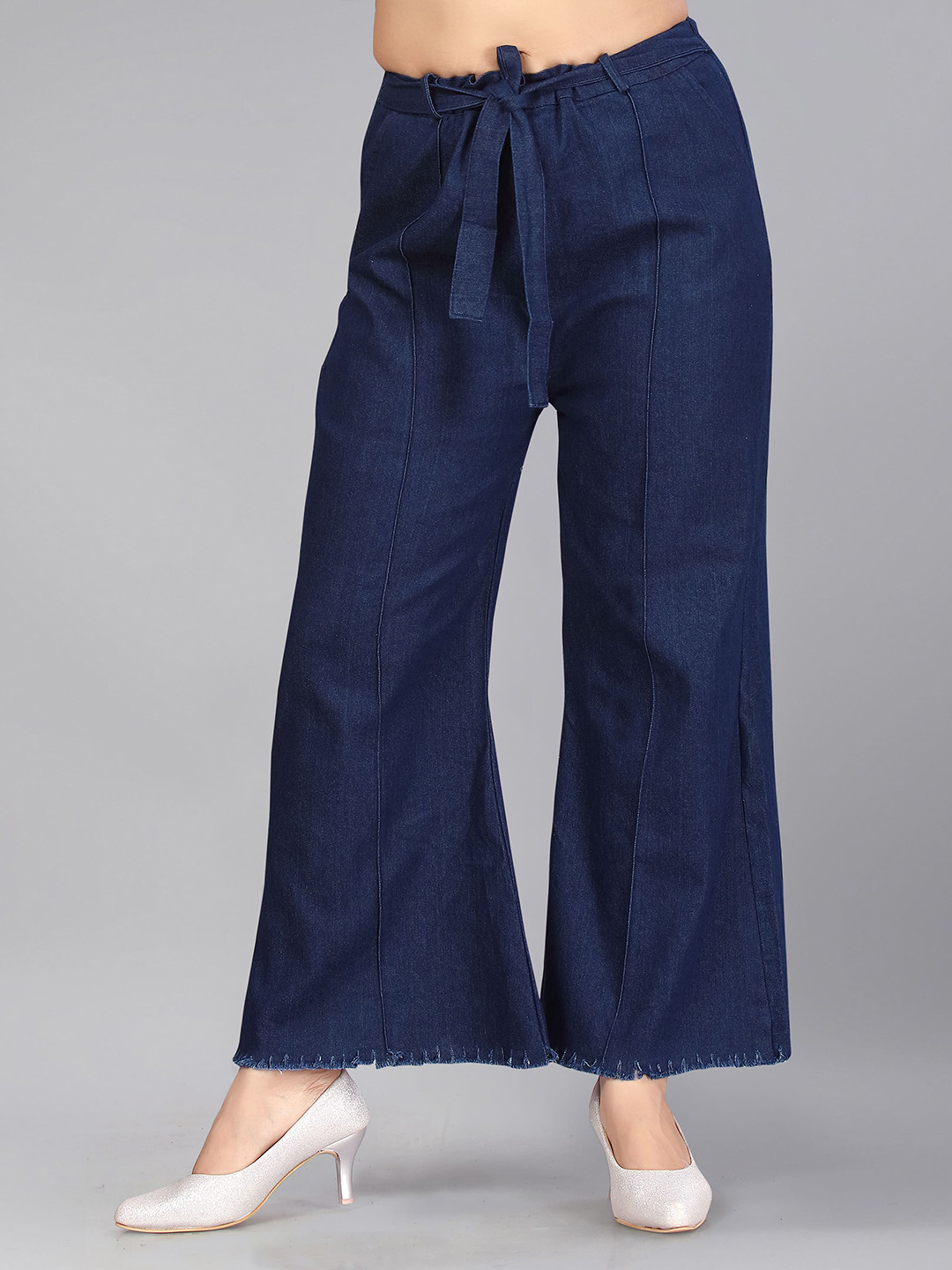 Aarika Girls Navy Blue Flared Frayed Cotton Denim Trousers
