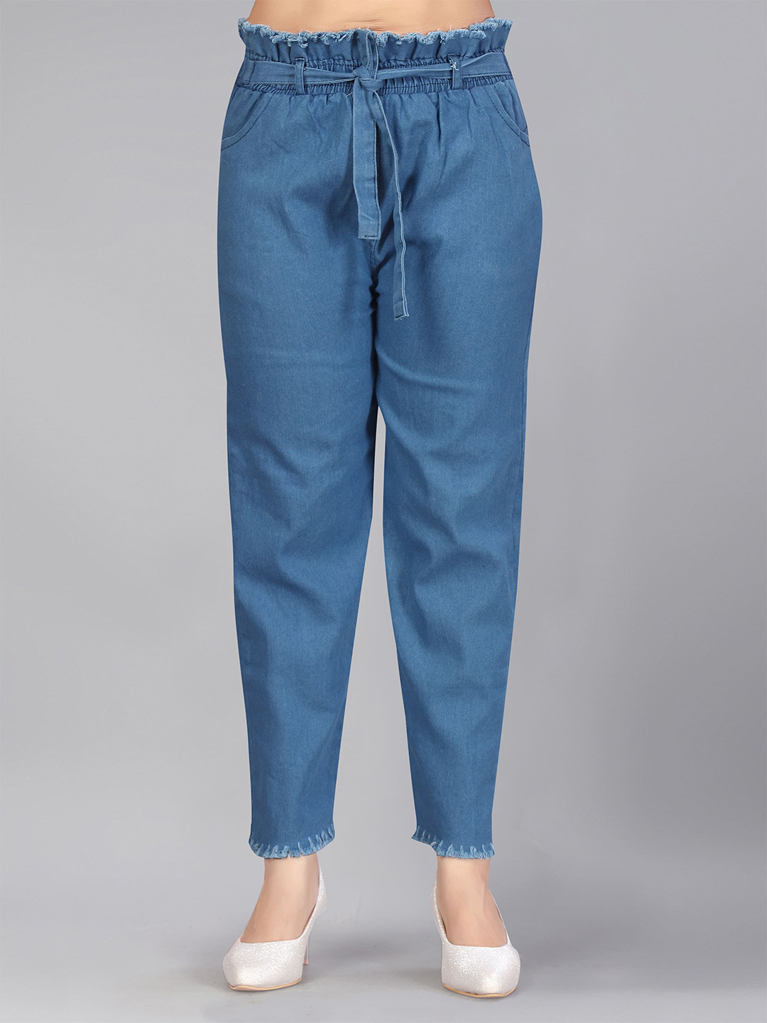 Aarika Girls Blue Solid Frayed Cotton Denim Trousers