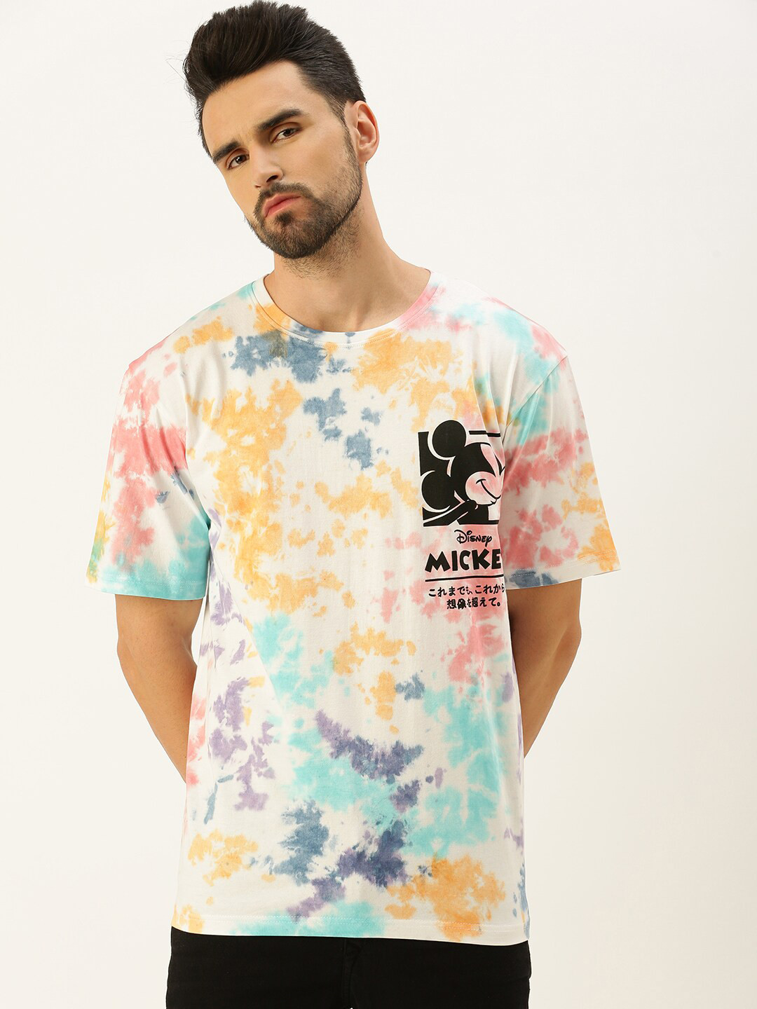 VEIRDO Men Disney Mickey Mouse Tie & Dye Printed Cotton Oversize T-shirt