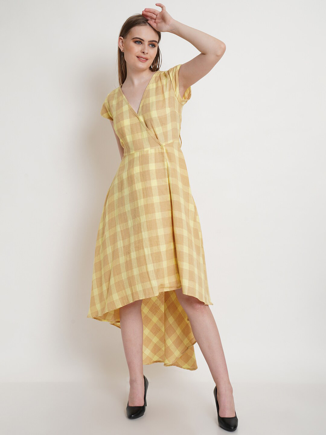 Purple State Yellow & Brown Checked Cotton High-Low Wrap Midi Dress
