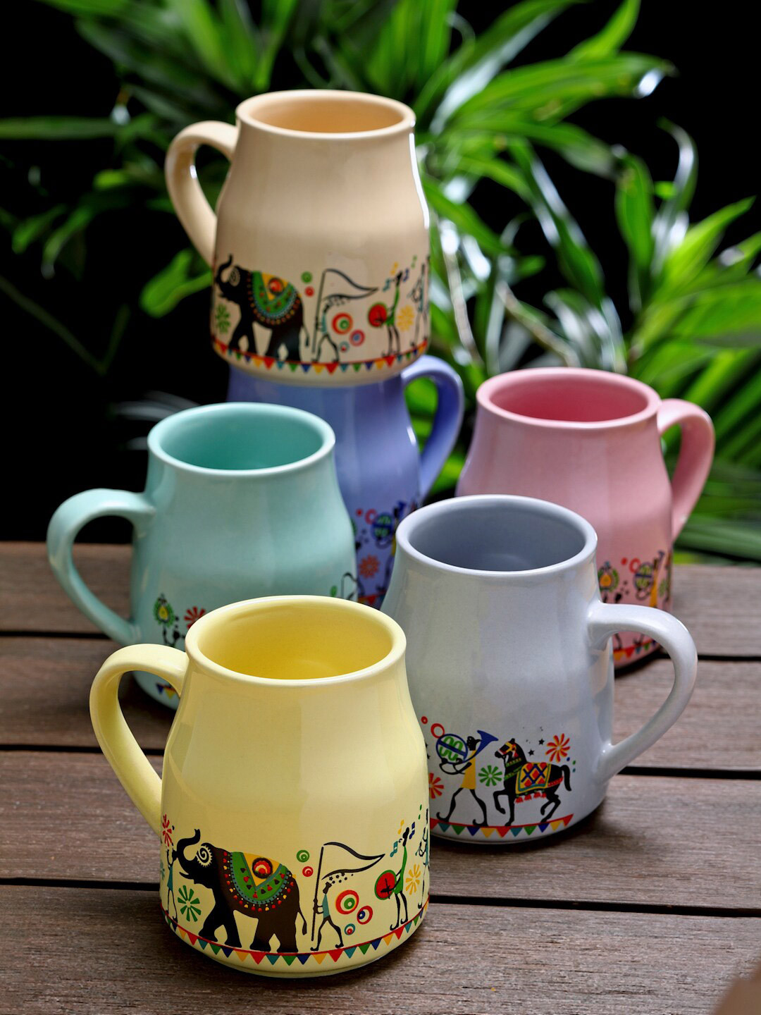 Arrabi Balraj Name Personalised Yellow Ethnic Motifs Ceramic Handmade 6 Piece Cups-220ml