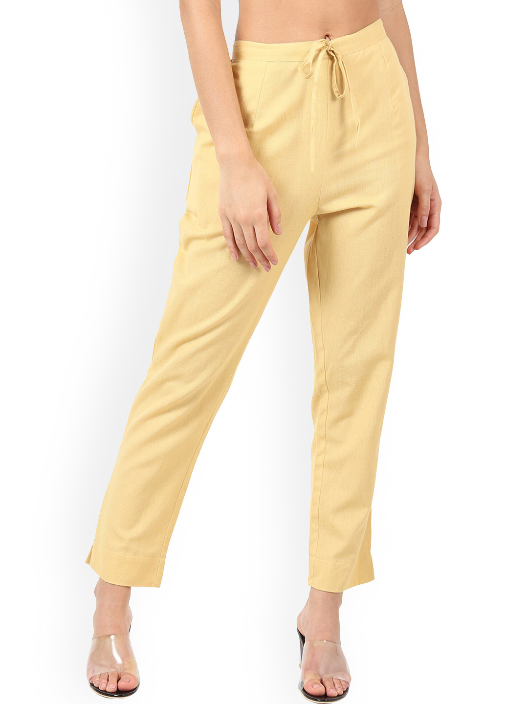 MUFFLY Women Beige Pleated Cotton Flex Trousers