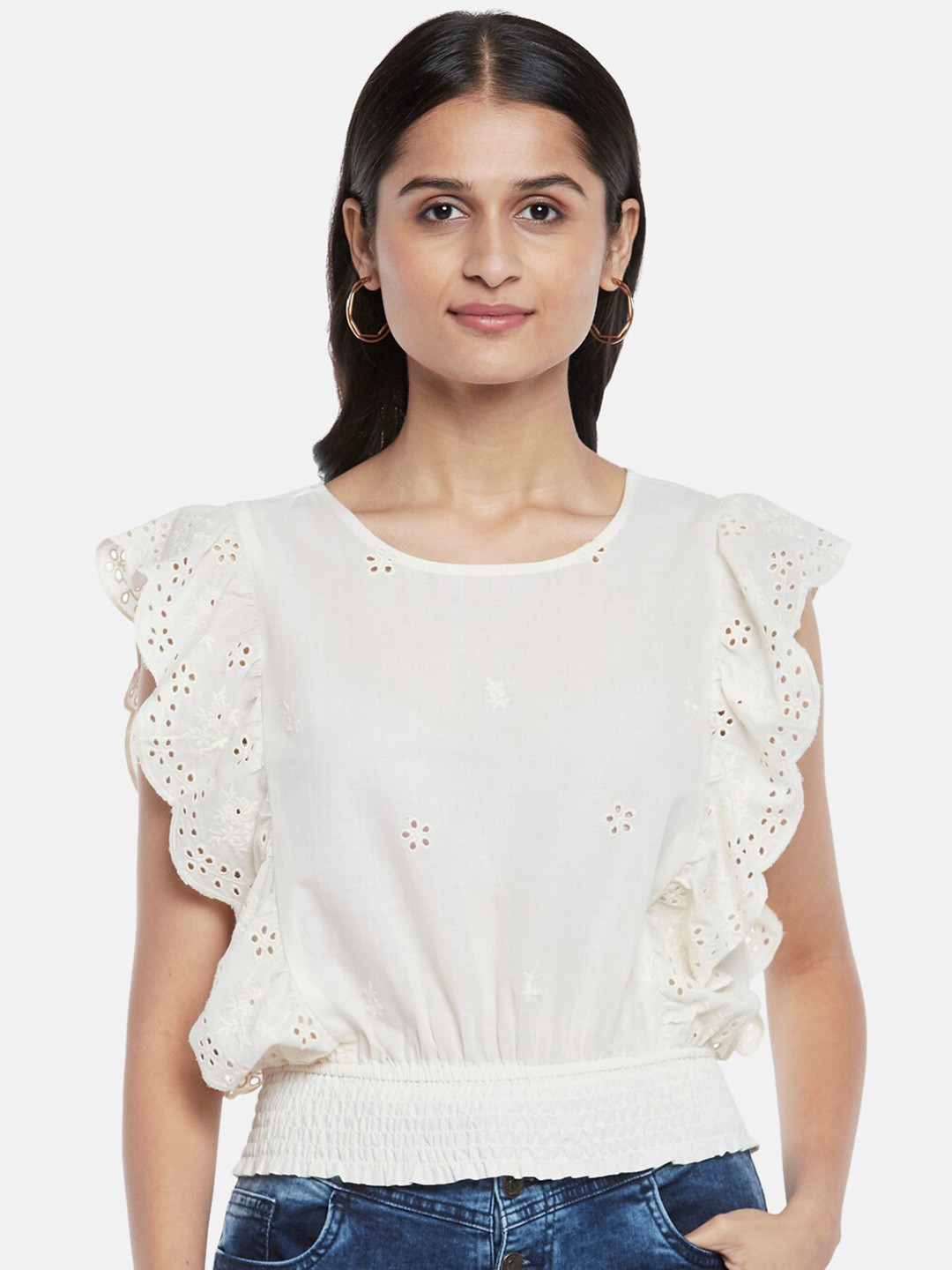 People Off White Solid Pure Cotton Blouson Top