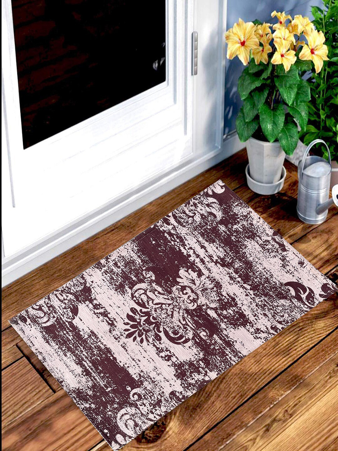 BELLA TRUE Set Of 2 Brown & Cream-Colored Printed Anti-Skid Doormats